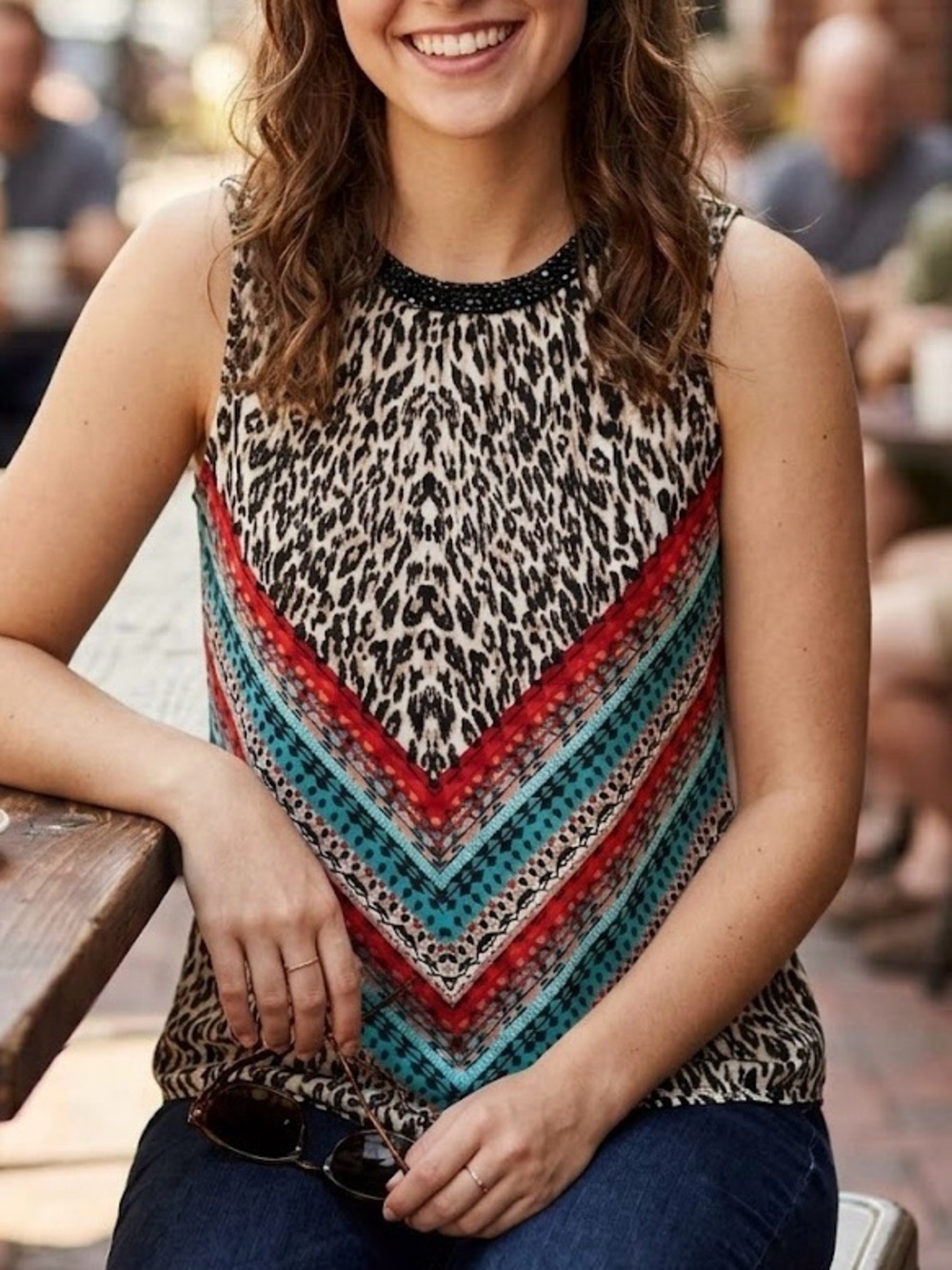 Point Zero Nicole Benisti Leopard Beaded Neckline Sleeveless Top Aztec Boho Bold